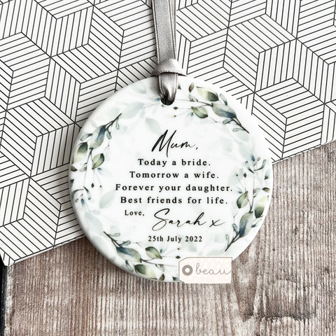 Personalised Today a Bride Mother of Bride Thank you Quote Foliage Greenery Wreath Ceramic Keepsake