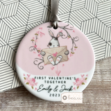 Personalised First Valentine’s Married Engaged Together Bunny Round Ceramic Hanger