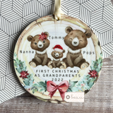 Personalised First Christmas as Grandparents Nanna Uncle Auntie Bear Gift Boy Girl Acrylic or ceramic Round Decoration