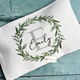 Personalised Name and Initial.. Greenery Design Linen Style Make Up Bag