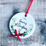 Personalised Baby’s First Christmas Botanical Round Ceramic Tree Hanger Decoration Ornament