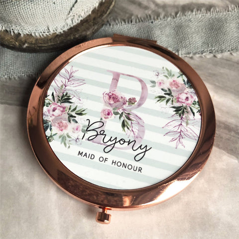 Personalised Initial and Name Floral Rose Gold Compact Mirror