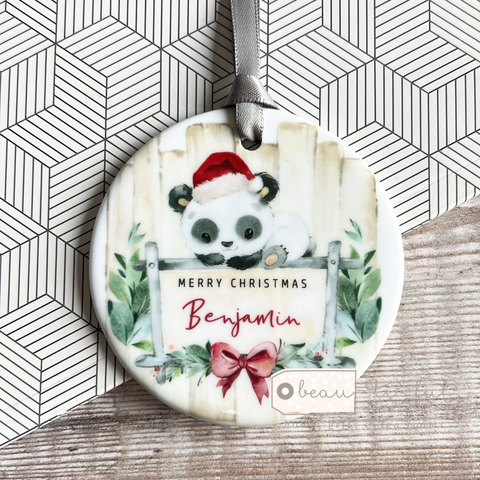 Personalised Merry Christmas Panda Gift Boy Girl Acrylic or ceramic Round Decoration