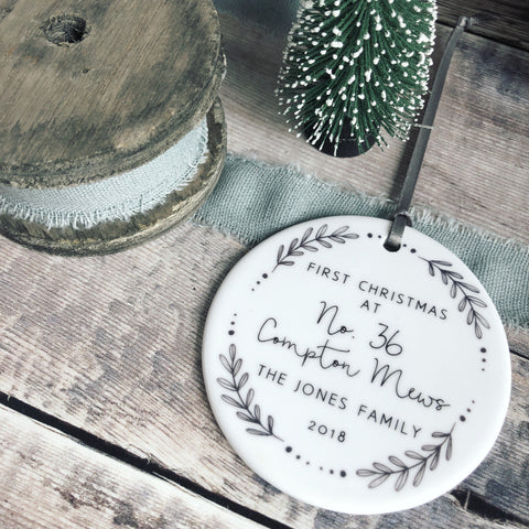 Personalised First Christmas At Address New Home Monochrome Wreath Ceramic Round Decoration Ornament Keepsake