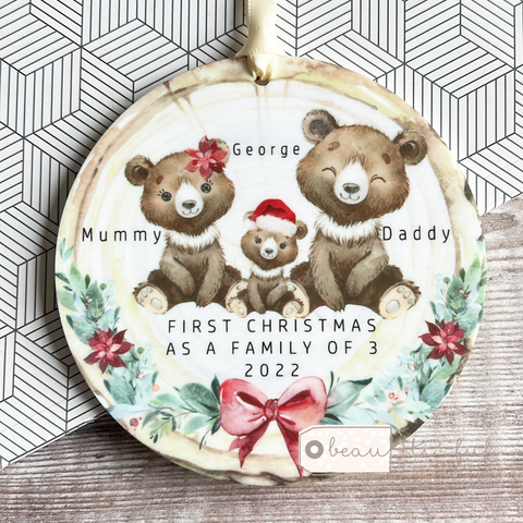 Personalised First Christmas as a family of 3 4 5 Bear Gift Boy Girl Acrylic or ceramic Round Decoration