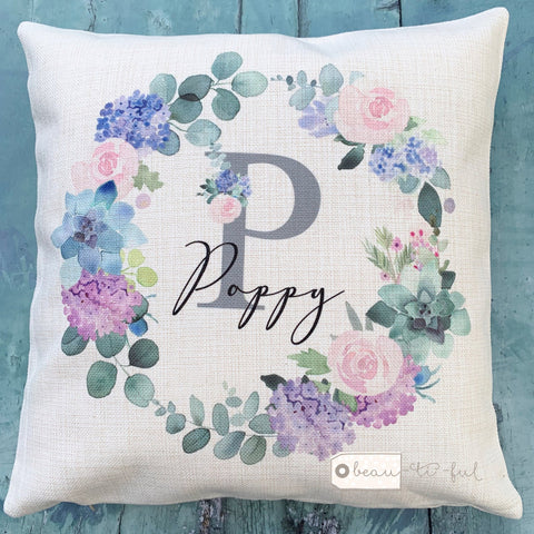 Personalised Name and Initial Lilac Floral Wreath Design cushion cover