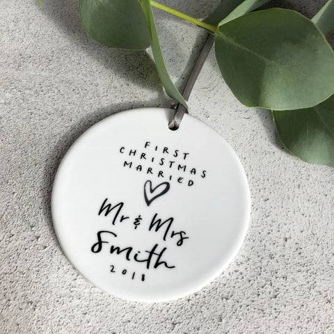Personalised First Christmas Married Mr and Mrs Monochrome Heart Ceramic Round Decoration Ornament Keepsake