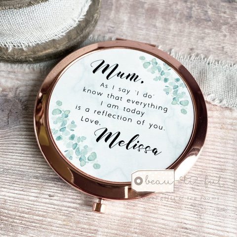 Personalised Mother of Bride Groom As I say ‘I do’ from Bride Groom Quote Eucalyptus Greenery Rose Gold Compact