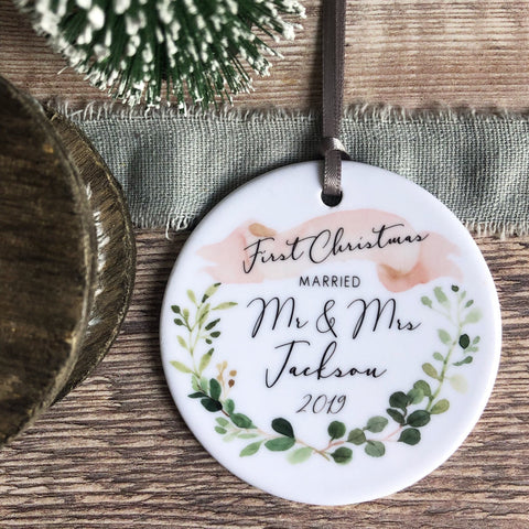 First Christmas Married as Mr Mrs Eucalyptus Banner Ceramic Ornament Keepsake Decoration