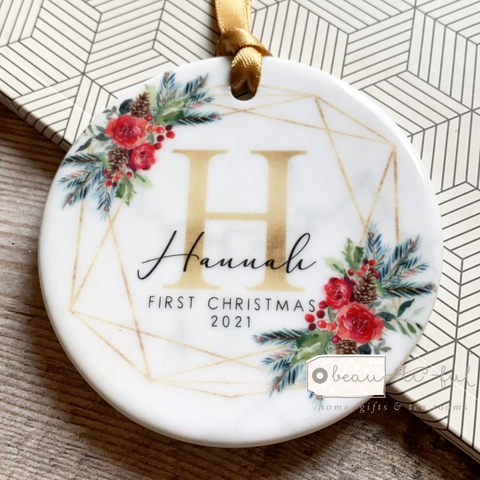Personalised First Christmas Baby Girl Boy Foliage Pine Cone Ceramic Ornament Decoration