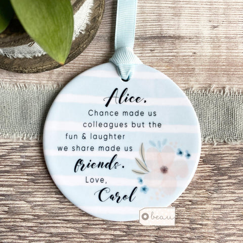 Personalised Chance made us colleagues .. Pastel Blue stripe Keepsake ornament