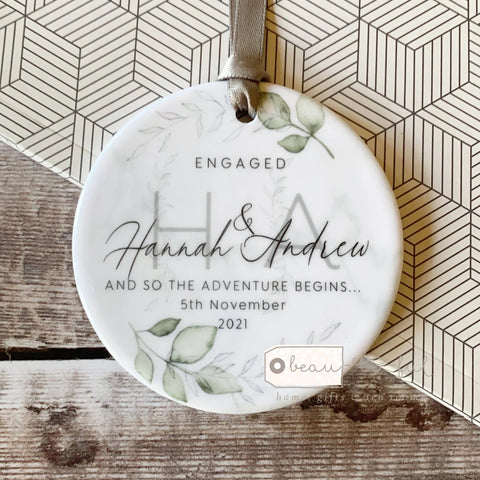 Personalised Engaged Married Anniversary Greenery Ceramic Round Decoration Ornament Keepsake