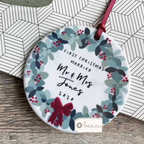 Personalised First Christmas Married as Names Mr & Mrs Wedding Traditional Wreath Greenery Ceramic Round Decoration Keepsake