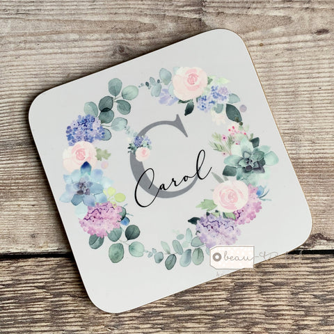 Personalised Name & Initial .. Lilac Floral Wreath Greenery Design coaster