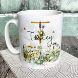 Personalised Name and Initial Mug with Meadow flowers Greenery Detail