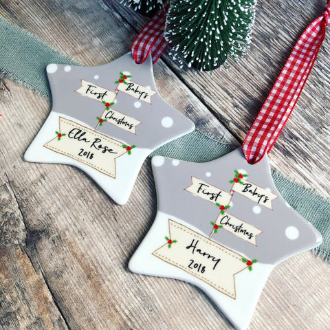 Personalised Baby's First Christmas Signpost Ceramic Star Christmas Decoration Ornament