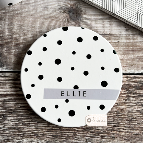 Personalised Name Polka Dot Ceramic Round Coaster