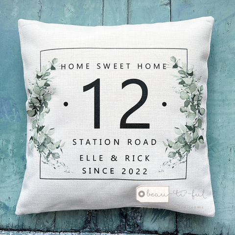 Personalised Home Sweet Home Housewarming Eucalyptus Botanical Design New Home Quote Linen Style Cushion