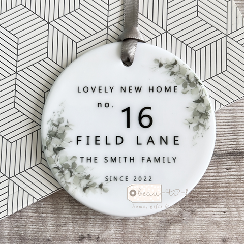 Personalised Lovely New Home address Eucalyptus Greenery Wreath Ceramic Ornament Keepsake