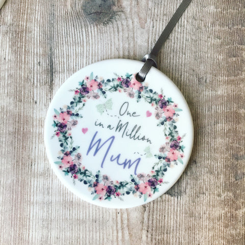 One in a Million Floral & Butterfly ... Female Round Ceramic Keepsake Hanger - Mother’s Day