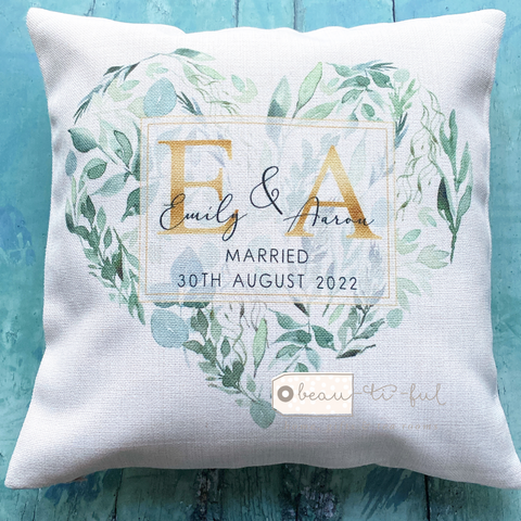 Personalised Mr Mrs Wedding Anniversay Engaged Eucalyptus Heart Cushion cover