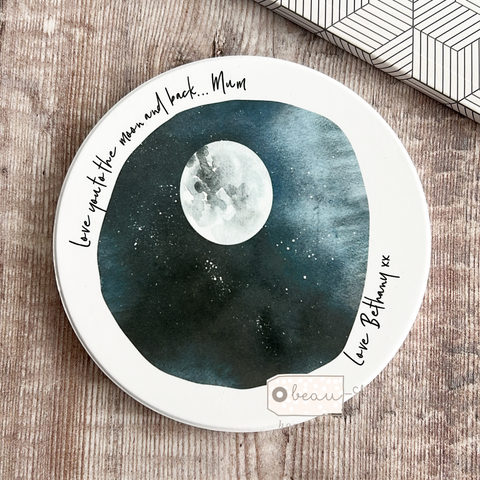 Personalised Love you to the moon and back Ceramic Round Coaster