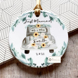 Personalised Just Married Wedding Car Sunflower Ceramic Round Decoration Ornament Keepsake