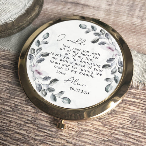 Personalised Mother of Groom Bride Thank you from Bride Groom Quote Floral Greenery Rose Gold Compact Mirror