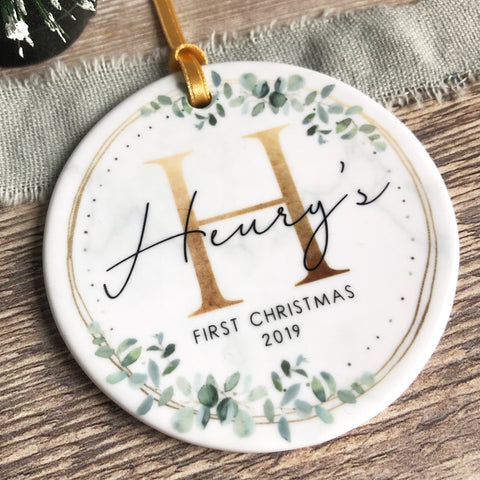 Personalised First Christmas Baby Girl Boy Eucalyptus Marble style Ceramic Ornament Decoration
