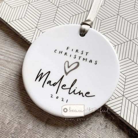 Personalised Baby First Christmas Monochrome Heart Ceramic Round Decoration Ornament Keepsake