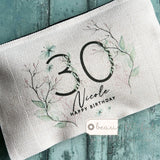 Personalised Name Birthday Age Milestone 18 21 30 40 50 60 70 .. Greenery Design Linen Style Make Up Bag