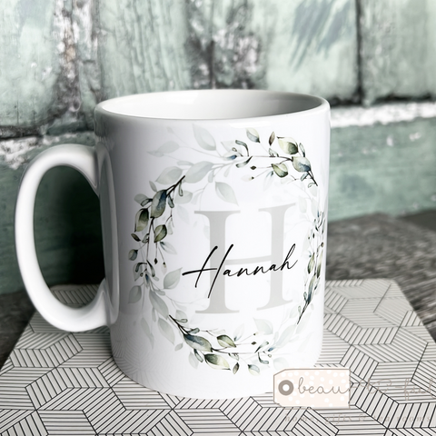Personalised Name and Initial Mug with Foliage Greenery Wreath Detail
