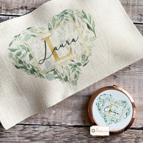 Personalised Name and Initial.. Eucalyptus Heart Design Linen Style Make Up Bag