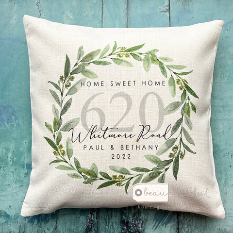 Personalised Home Sweet Home Housewarming Eucalyptus Wreath Design New Home Quote Linen Style Cushion