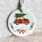 Personalised Merry Christmas Car and tree Gift Boy Girl Acrylic or ceramic Round Decoration