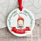 Personalised Merry Christmas Gift Boy Girl Elf Pixie Ceramic Round Decoration