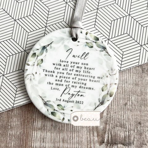 Personalised I will love your son daughter Thank you Mother of Bride Groom Quote Foliage Greenery Wreath Ceramic Keepsake