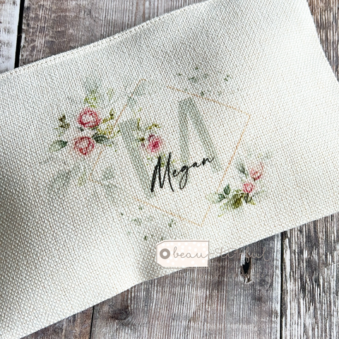 Personalised Name and Initial.. Pink roses Floral Greenery Design Linen Style Make Up Bag