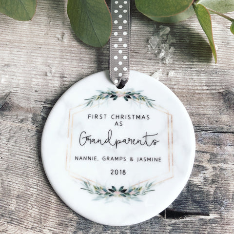 Personalised First Christmas as Grandparents Marble Style Quote Botanical Ceramic Round Decoration Ornament Keepsake