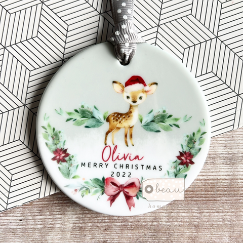 Personalised Merry Christmas Woodland Deer Gift Boy Girl Acrylic or ceramic Round Decoration
