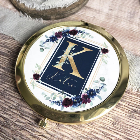 Personalised Initial and Name Navy Burgundy Floral Rose Gold Compact Mirror
