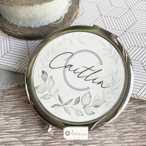 Personalised Initial and Name Marble Style Silver Compact Mirror