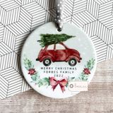 Personalised Merry Christmas Car and tree Gift Boy Girl Acrylic or ceramic Round Decoration