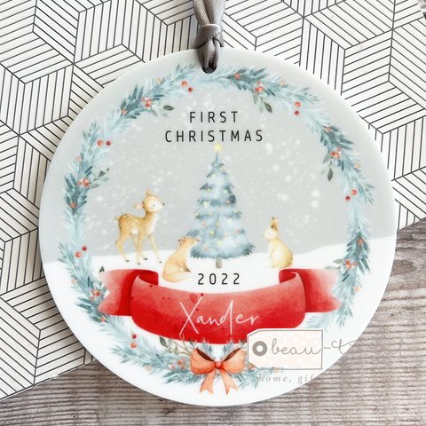 Personalised First Christmas Tree woodland animals Gift Boy Girl Acrylic Round Decoration