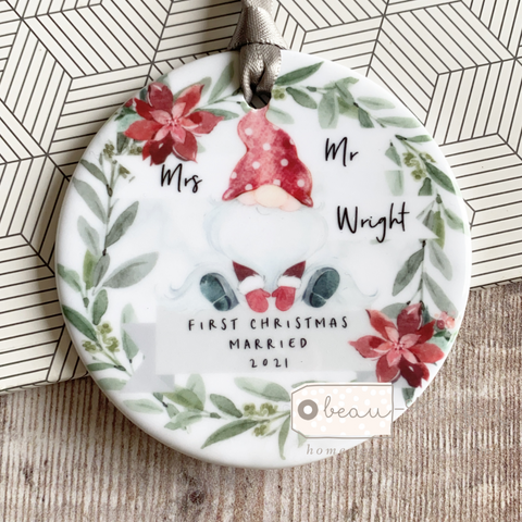 Personalised First Christmas as Mr & Mrs Santa Gnome Signpost Ceramic Christmas Ceramic Decoration