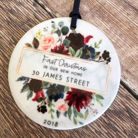 Personalised First Christmas In our new home address Burgundy Floral Ceramic Ornament ... - Keepsake Decoration