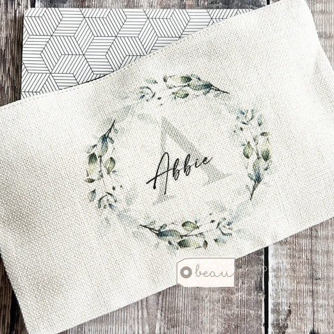 Personalised Name and Initial.. Foliage Greenery Design Linen Style Make Up Bag