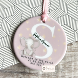 Personalised Welcome to the World New Baby Elephant Ceramic Round Decoration Ornament Keepsake