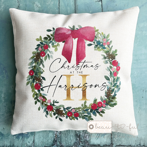 Personalised Surname Christmas At the Family Bow Traditional Wreath Cushion