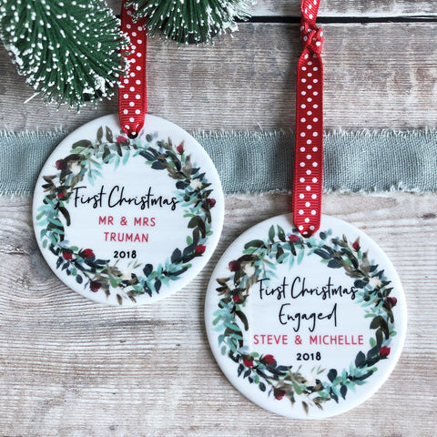 First Christmas Engaged Wreath Round Ceramic Tree Hanger Decoration Ornament